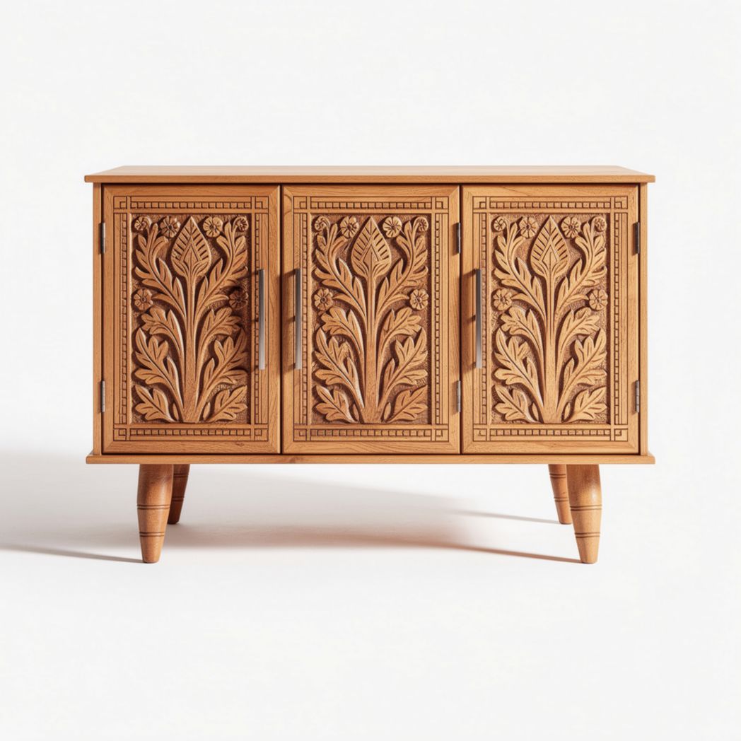 Carved Wooden Sideboard with Three Doors – 90 x 40 x 75cm